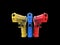 Modern red, blue and yellow semi automatic pistols