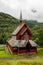 Modern red Borgund church kyrkje, kirke in Norway