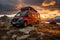 Modern red camper parked in the mountains at sunset, warm glow over the sky. travel concept