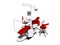Modern red dental chair with white inserts with monitor on tripod with two chairs 3d rendering on white background no shadow