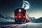 Modern red Polar Express Train rides by rail in winter