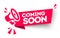 Modern red vector banner ribbon coming soon with megaphone. Web element.