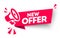 Modern red vector banner ribbon new offer with megaphone. Web element.