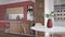 Modern red and wooden kitchen, Island, parquet and decors. Dining table with chairs, open wine cellar, shelves with pottery and