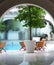 Modern relaxation area poolside. Arched construction