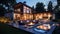 modern residential building with fire place and swimming pool in garden in the evening.