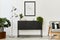 Modern retro concept of home interior with design grey armchair, coffee table, plants, mock up poster map, carpet .