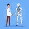 Modern Robot Handshake With Man Futuristic Artificial Intelligence Technology Concept