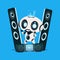 Modern Robot Standing On Audio Speakers On Blue Background Cute Cartoon Character Artificial Intelligence Concept