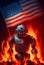 Modern robot walks through the fire on the background of the American flag. AI Generated