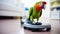 Modern robotic vacuum cleaner and parrot on floor indoors. funny animals. smart home concept