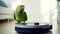 Modern robotic vacuum cleaner and parrot on floor indoors. funny animals. smart home concept