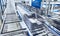 Modern roller conveyor system with boxes in motion