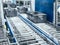 Modern roller conveyor system with boxes in motion