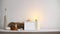 Modern room decoration with picture frame mockup. Shelf against white wall with decorative candle, glass and rocks. Candle burning