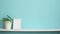 Modern room decoration with Picture frame mockup. White shelf against pastel turquoise wall and hand putting down potted scheffler