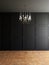 modern room interior design with black wall  wooden floor and chandelier 3d render vertical background