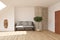 Modern room with love seat sofa,plant interior design. 3D illustration