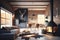 Modern Rustic Cottage Living Room Decor with Chalet Cozy Interior, Wood Wall, and Furniture. Generative AI