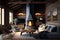 Modern Rustic Cottage Living Room Decor with Chalet Cozy Interior, Wood Wall, and Furniture. Generative AI