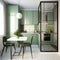 Modern Sage Green Kitchen and Dining Room Separated by Glass and Aluminum Frame Partition, Featuring Wooden Toy Table, Chair, Sink