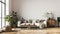 Modern scandianvian decor of living room with design sofa with elegant blanket, coffee AI Generative