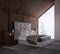 Modern Scandinavian bedroom design at cold hazy winter morning