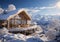 Modern scandinavian chalet house on ski resort with snow and mountains view on sunny afternoon.Macro.AI Generative