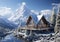 Modern scandinavian chalet house on ski resort with snow and mountains view on sunny afternoon.Macro.AI Generative