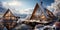 Modern scandinavian chalet houses on ski resort with snow and mountains view on sunny afternoon.Macro.AI Generative