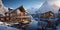 Modern scandinavian chalet houses on ski resort with snow and mountains view on sunny afternoon.Macro.AI Generative