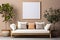 Modern Scandinavian Elegance Sofa, Potted Tree, and Blank Mock-Up Poster Frame on Beige Wallâ€”Stylish Living Room Interior