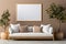 Modern Scandinavian Elegance Sofa, Potted Tree, and Blank Mock-Up Poster Frame on Beige Wallâ€”Stylish Living Room Interior