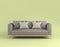 Modern scandinavian gray fabric sofa with soft pillows on wooden legs on light green background flat lay front view. Furniture,