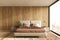 Modern scandinavian and Japandi style bedroom interior design with bed terracotta color, wood panels on wall and floor