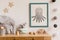 The modern scandinavian newborn baby room with mock up frame, plush toys, children accessories, stars and hanging balls..