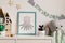 The modern scandinavian newborn baby room with mock up frame, wooden car, plush toys, children accessories. Template.