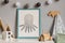 The modern scandinavian newborn baby room with mock up frame, wooden toy, plush toys, decor, children accessories.