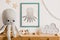 The modern scandinavian newborn baby room with mock up frame, wooden toy, plush toys, decor, children accessories.