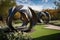 modern sculpture garden featuring sleek and abstract sculptures among blooming flowers
