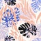 Modern seamless pattern with animal skin print and botanical tropical leaves