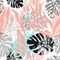 Modern seamless pattern with animal skin print and botanical tropical leaves