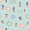 Modern seamless pattern with cacti in trendy muted colors. Happy kawaii cacti and words in the bubble clouds. Ornament for