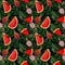 Modern seamless pattern with dragon fruit, watermelon, tropical leaves on black background Summer vibes. Hand painted