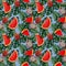 Modern seamless pattern with dragon fruit, watermelon, tropical leaves on blue background Summer vibes. Hand painted botanical