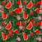 Modern seamless pattern with dragon fruit, watermelon, tropical leaves Summer vibes. Hand painted botanical illustration