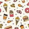 Modern seamless pattern with fast food. Colorful backdrop with various meals - ice cream, burger, donut, french fries