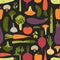 Modern seamless pattern with fresh delicious organic vegetables and mushrooms on black background. Backdrop with healthy