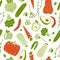 Modern seamless pattern with hand drawn colorful doodle vegetables.