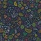 Modern seamless pattern with pieces of delicious vegetables, tropical fruits and berries drawn with colorful outlines on